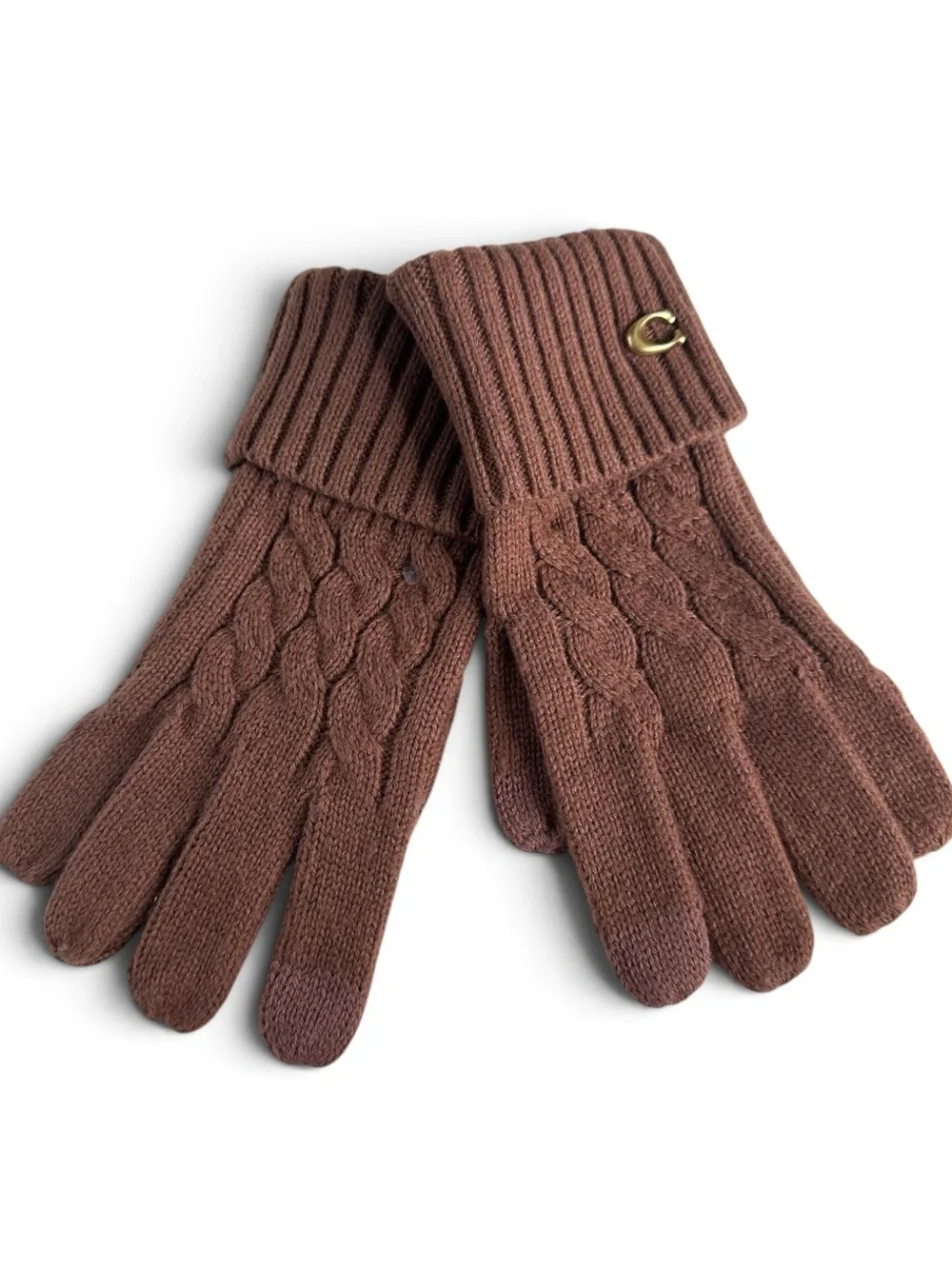 Coach Heather Brown Cable Knit Wool Blend Ribbed Cuff Touchscreen Gloves NWT